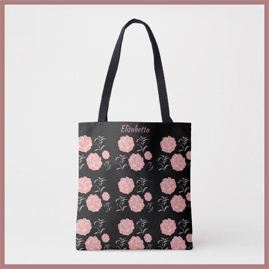 grote roze rozen met bladeren op zwart tote bag