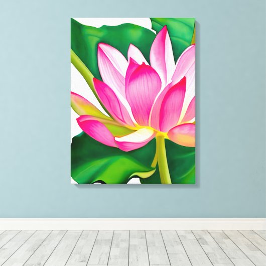 Grote roze waterLily met Emerald Green Leaves Canvas Afdruk (Insitu (Houten vloer))