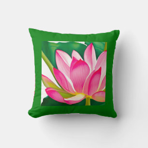 Grote roze waterLily met Emerald Green Leaves Kussen