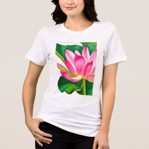 Grote roze waterLily met Emerald Green Leaves Tri-Blend Shirt