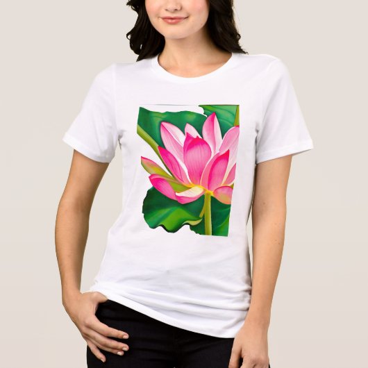 Grote roze waterLily met Emerald Green Leaves Tri-Blend Shirt (Voorkant)