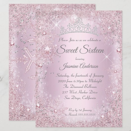 Grote roze zilver Winter Wonderland Sweet 16 Tiara Kaart (Voorkant / Achterkant)
