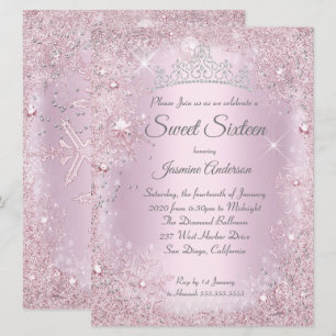 Grote Roze Zilveren Winter Wonderland Sweet 16 Tia Kaart