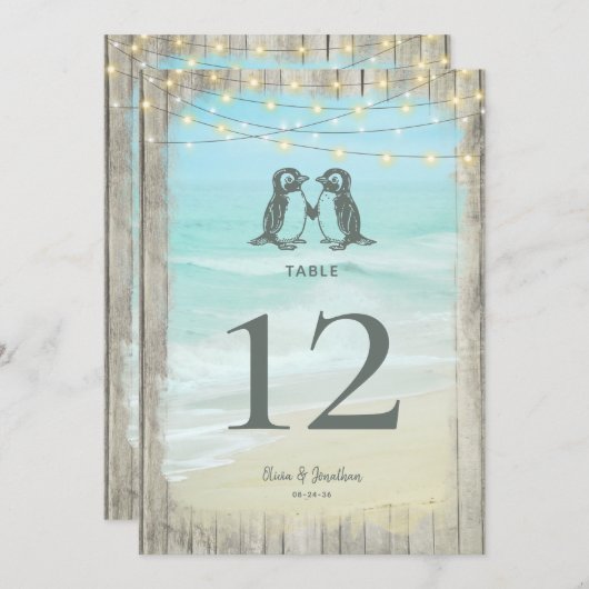 Grote Rustieke Strand Pinguïns Trouwtafel Nummer (Voorkant / Achterkant)
