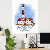Grote Sable Point Vuurtoren Aquarel - Michigan Poster (Thuiskantoor)