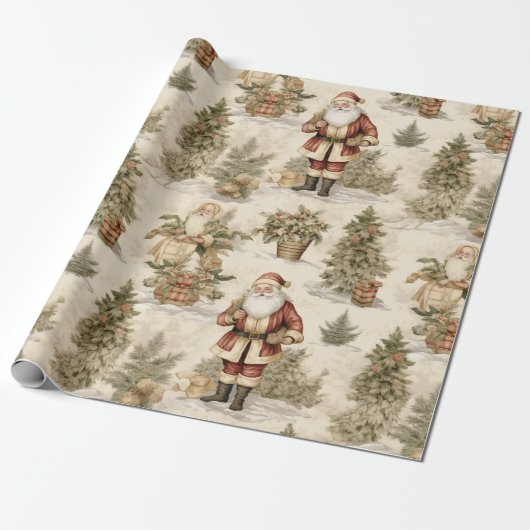 Grote Santa Retro Gold Cadeaupapier (Uitgerold)