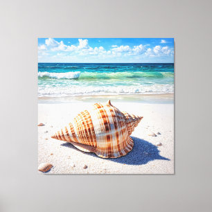 Grote schelp op een ongerept zandstrand canvas afdruk