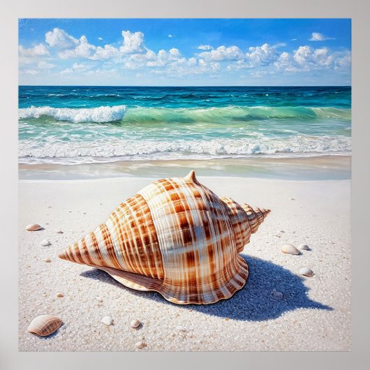 Grote schelp op een ongerept zandstrand poster (Voorkant)