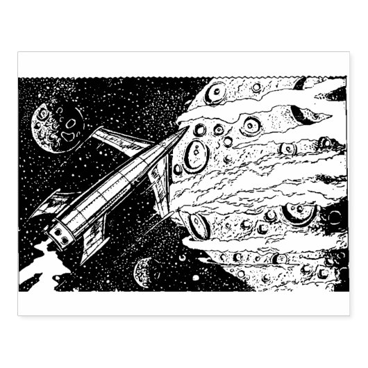 Grote Sci Fi Rocket Planet Wood Art Stamp Rubberstempel (Afrduk)