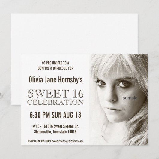 Grote Sepia Foto Sweet Sixteen Birthday Party Kaart (Voorkant / Achterkant)