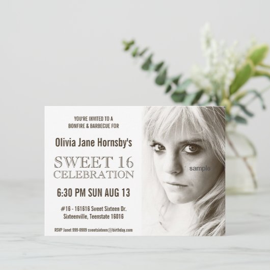 Grote Sepia Foto Sweet Sixteen Birthday Party Kaart (Staand voorkant)