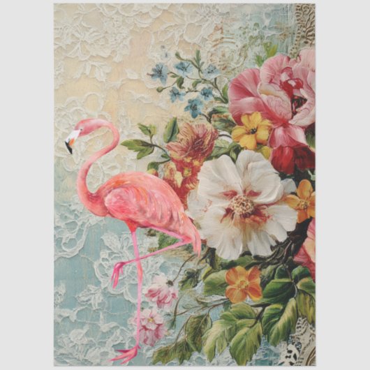 Grote Shabby Chic Roze Flamingo Bloemen Decoupage Tissuepapier (Voorkant)