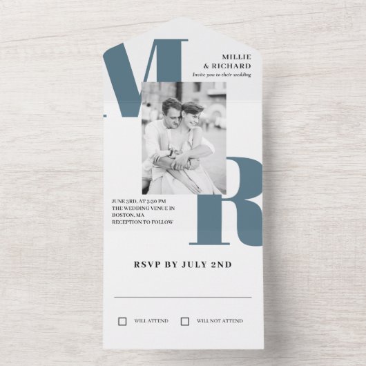 Grote Slate Blue Initialen Typografie Foto Bruilof All In One Uitnodiging (Binnen)