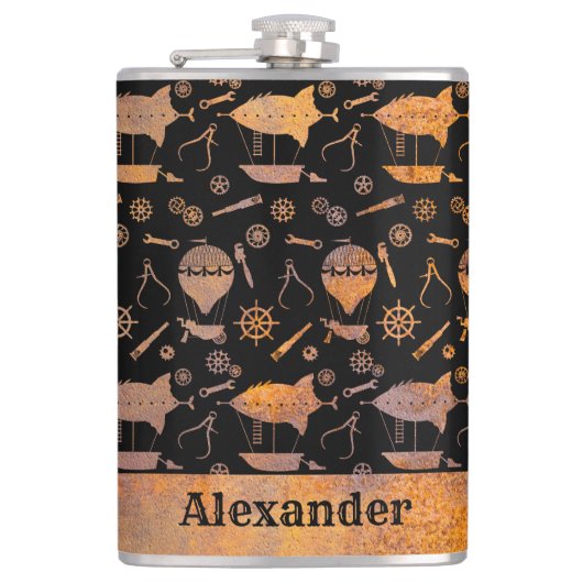 Grote Steampunk Rusty Airship Thema Aangepaste Naa Heupfles (Voorkant)