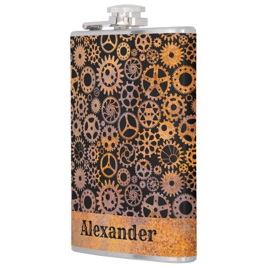 Grote Steampunk Rusty Gears Aangepaste naam Heupfles (Links)