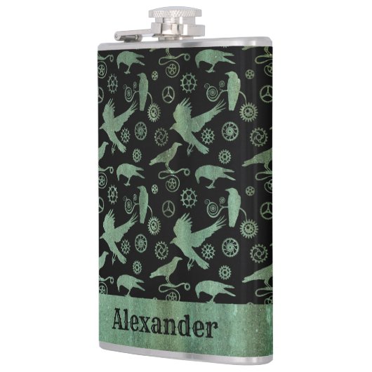 Grote Steampunk Verdigris Gears en Crows - Aangepa Heupfles (Links)