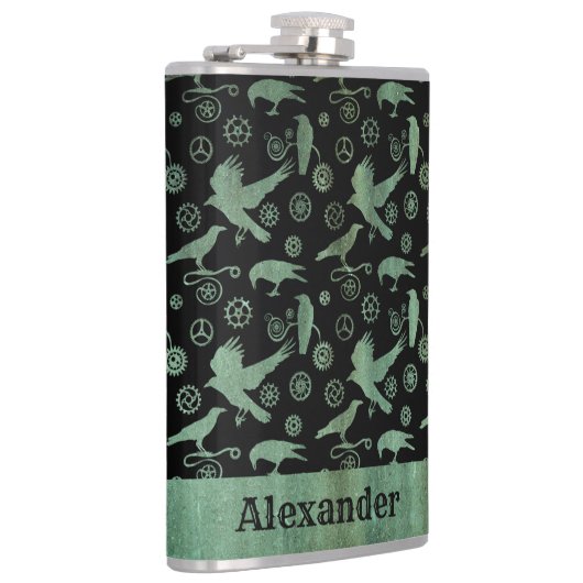 Grote Steampunk Verdigris Gears en Crows - Aangepa Heupfles (Rechts)