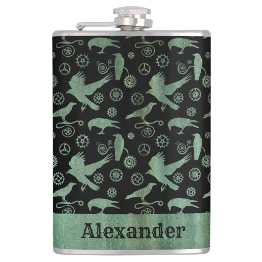 Grote Steampunk Verdigris Gears en Crows - Aangepa Heupfles (Voorkant)