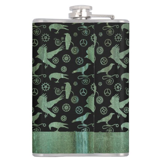 Grote Steampunk Verdigris Gears en Crows - Aangepa Heupfles (Achterkant)