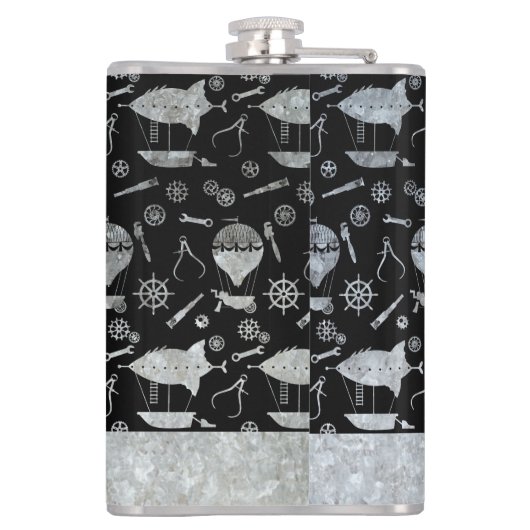 Grote Steampunk Zilver Zink Airship Aangepaste Naa Heupfles (Achterkant)