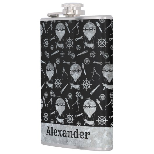 Grote Steampunk Zilveren Zink Ballons Custom Name Heupfles (Links)