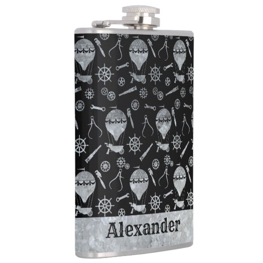 Grote Steampunk Zilveren Zink Ballons Custom Name Heupfles (Rechts)