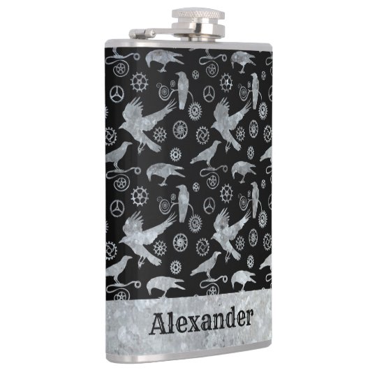 Grote Steampunk Zink Gears and Crows Custom Heupfles (Rechts)