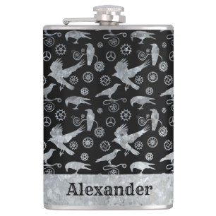 Grote Steampunk Zink Gears and Crows Custom Heupfles