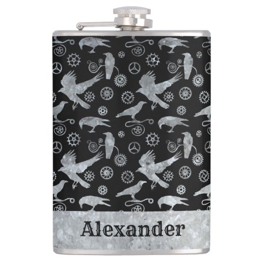 Grote Steampunk Zink Gears and Crows Custom Heupfles (Voorkant)