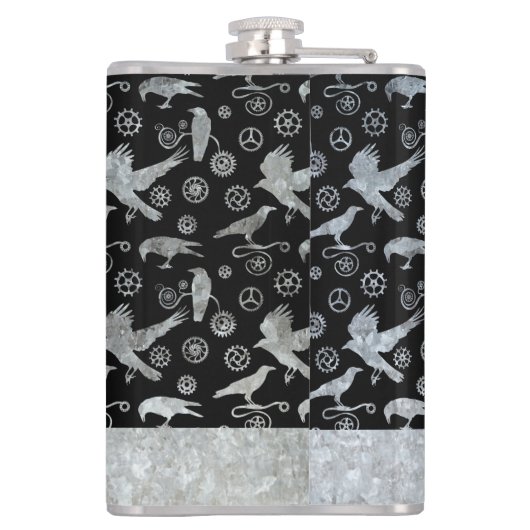 Grote Steampunk Zink Gears and Crows Custom Heupfles (Achterkant)