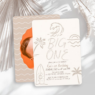 Grote Surfplank Doodle Foto Beige 1e Verjaardag Kaart