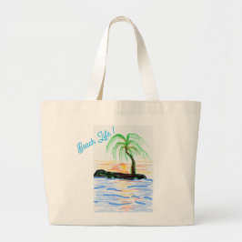 Grote tas voor het strand met strand levens tekst