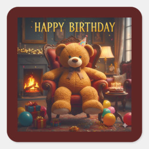 GROTE TEDDYBEER GELUKKIGE VERJAARDAG VIERKANTE STICKER