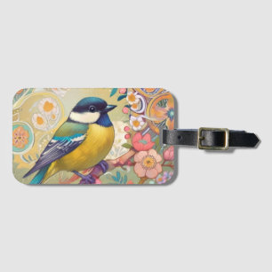 Grote Tit Chickadee Bird Kleurrijke Bloemen Bloeme Bagagelabel