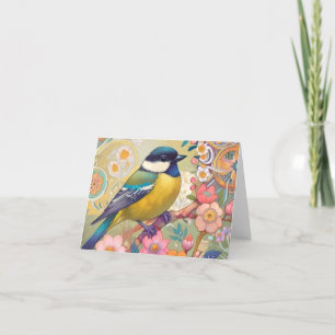 Grote Tit Chickadee Bird Kleurrijke Bloemen Bloeme Bedankkaart