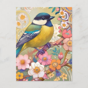 Grote Tit Chickadee Bird Kleurrijke Bloemen Bloeme Briefkaart