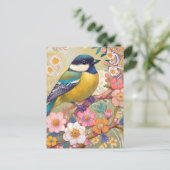 Grote Tit Chickadee Bird Kleurrijke Bloemen Bloeme Briefkaart (Staand voorkant)