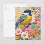Grote Tit Chickadee Bird Kleurrijke Bloemen Bloeme Briefkaart (Voorkant / Achterkant)