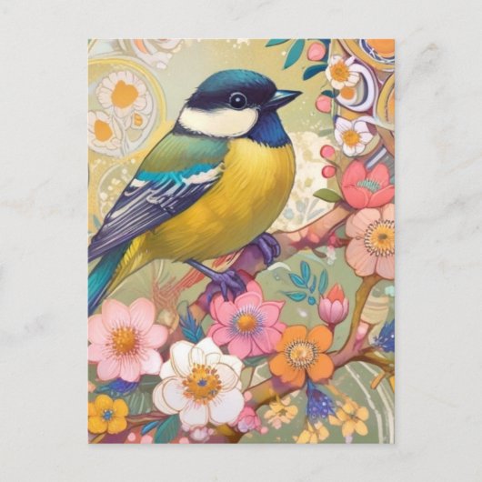 Grote Tit Chickadee Bird Kleurrijke Bloemen Bloeme Briefkaart (Voorkant)