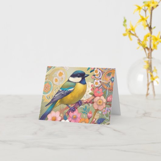 Grote Tit Chickadee Bird Kleurrijke Bloemen Bloeme Kaart (Gele Bloem)