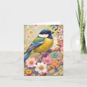 Grote Tit Chickadee Bird Kleurrijke Bloemen Bloeme Kaart