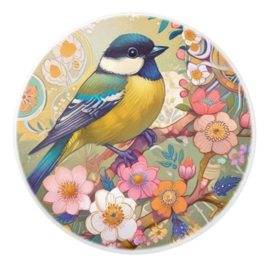 Grote Tit Chickadee Bird Kleurrijke Bloemen Bloeme Keramische Knop (Voorkant)