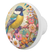 Grote Tit Chickadee Bird Kleurrijke Bloemen Bloeme Keramische Knop (Rechts)