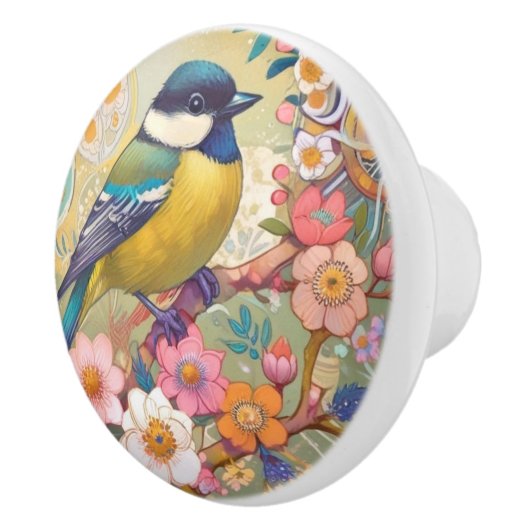 Grote Tit Chickadee Bird Kleurrijke Bloemen Bloeme Keramische Knop (Rechts)