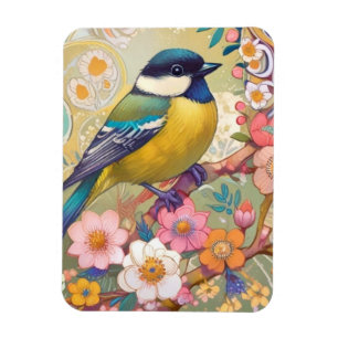 Grote Tit Chickadee Bird Kleurrijke Bloemen Bloeme Magneet