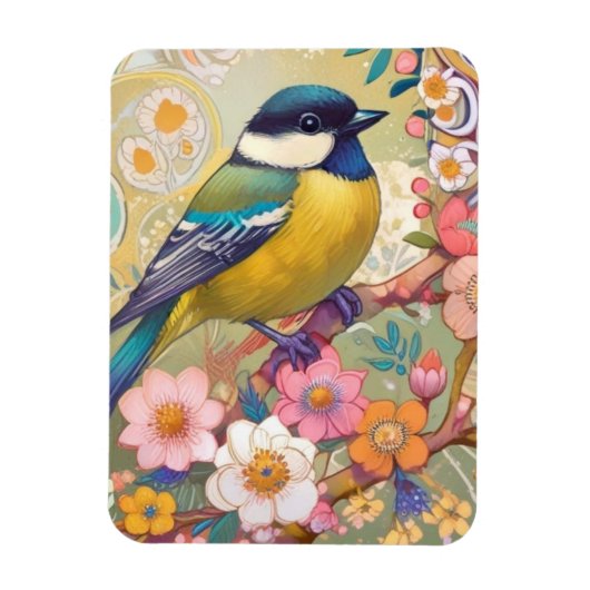 Grote Tit Chickadee Bird Kleurrijke Bloemen Bloeme Magneet (Verticaal)