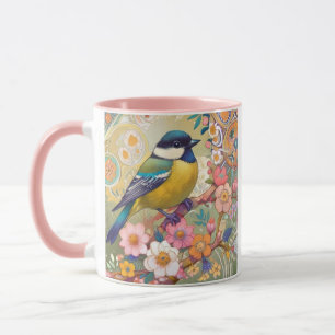 Grote Tit Chickadee Bird Kleurrijke Bloemen Bloeme Mok