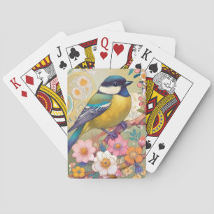 Grote Tit Chickadee Bird Kleurrijke Bloemen Bloeme Pokerkaarten