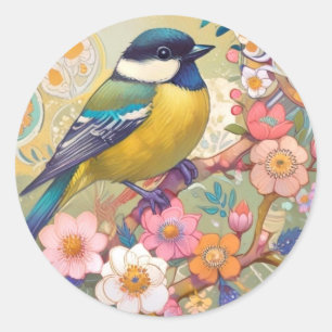 Grote Tit Chickadee Bird Kleurrijke Bloemen Bloeme Ronde Sticker