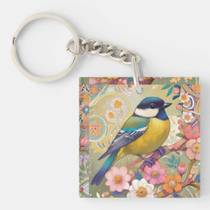 Grote Tit Chickadee Bird Kleurrijke Bloemen Bloeme Sleutelhanger